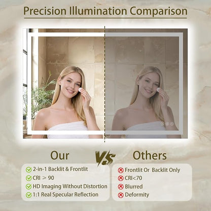 32"x48" LED Bathroom Mirror with Lights, Anti-Fog, Backlit+Frontlit | CRI 95, Stepless Dimmable, 3 Colors Lighting, Shatterproof Tempered Glass, HD Reflection, Memory, (Horizontal/Vertical)