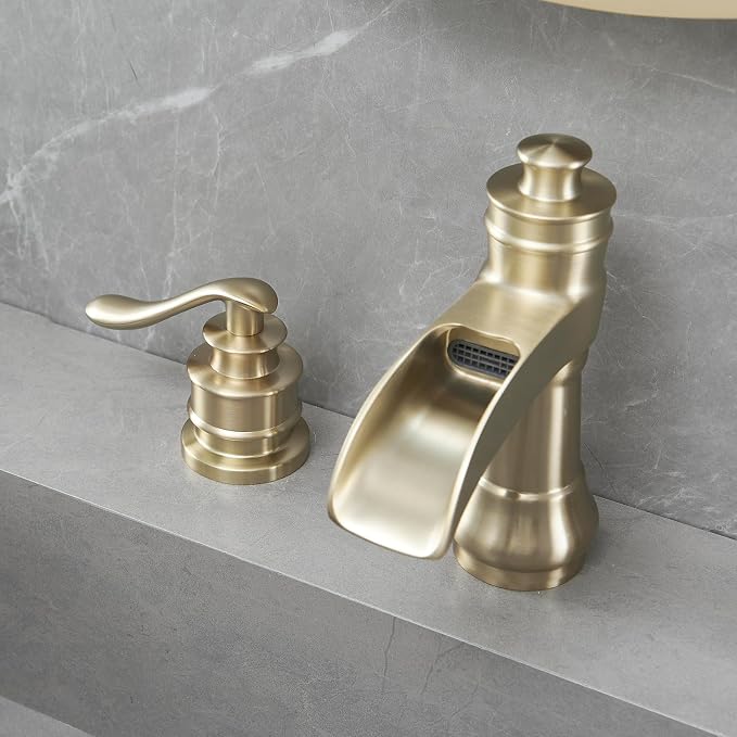 Two Handle Widespread Bathroom Faucet 3 Holes Brushed Gold | Waterfall Spout, Mixer Tap, With Pop Up Drain and Supply Lines, Solid Brass Construction, Neutral Vintage Tone