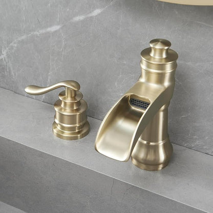 Two Handle Widespread Bathroom Faucet 3 Holes Brushed Gold | Waterfall Spout, Mixer Tap, With Pop Up Drain and Supply Lines, Solid Brass Construction, Neutral Vintage Tone