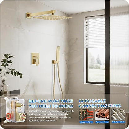Gold Shower Faucet Set, 10 inch Rain Shower System with Pressure Balance Valve, Wall Mounted 2-Functions Bathroom Shower Systems with Rain Shower and Handheld Spray Shower Trim Included