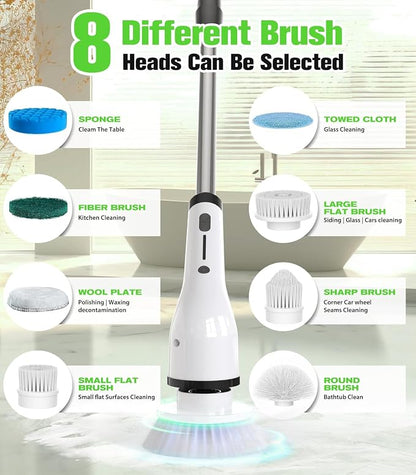 Electric Spin Scrubber, 3-Speed Flat End Brush with 8 Brush Heads & Base, Adjustable Long Handle, Digital Display, 2500mAh Fast Charging, for Bathroom, Tub, Tile, Floor（White