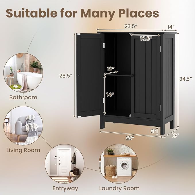 COSTWAY Bathroom Storage Cabinet, Freestanding Bathroom Organizers and Storage with Doors & Adjustable Shelf, Wooden Floor Cabinet for Home, Living Room, Entryway, Kitchen (Black) | Storage with Doors & Adjustable Shelf, Wooden Floor Cabinet for Home, ...