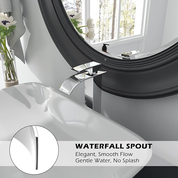 BWE Vessel Sink Faucet Chrome Waterfall Bathroom Faucet for Sink 1 Hole Single Handle Tall Vanity Faucet Lavatory Deck Mount Mixer Tap with Pop-up Drain