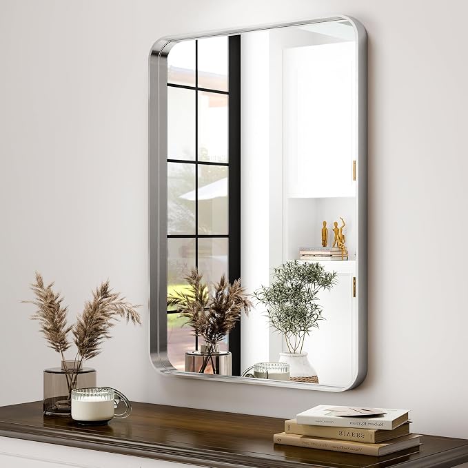 Easly Silver Bathroom Mirror for Wall, 36x24 Inch Rectangular Aluminum Alloy Framed Mirror, Modern Wall Mounted Vanity Mirror for Bathroom, Vertical or Horizontal