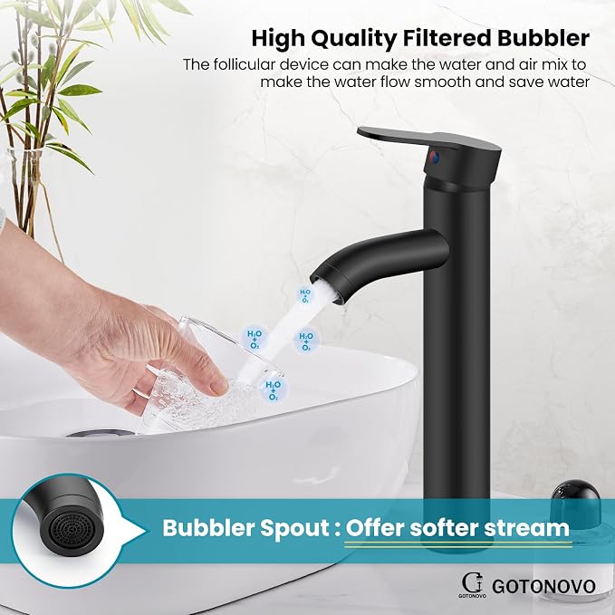 gotonovo Modern Vessel Sink Faucet with ABS Pop Up Drain, Matte Black | Modern Tall Bathroom Faucet 1 Hole Single Handle Round Body, cUPC Water Supply Hoses, Basin Mixer Tap for Vanity Lavatory Rv