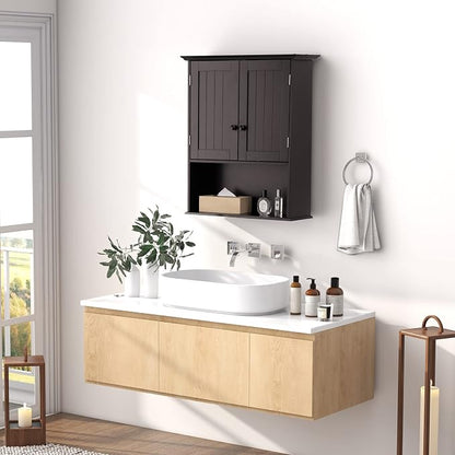COSTWAY Wall Mounted Bathroom Cabinet, Over The Toilet Storage Cabinet w/Double Doors & Adjustable Shelf, Wood Hanging Medicine Cabinet for Living Room, Entryway, Kitchen (Brown) | Double Doors & Adjustable Shelf, Wood Hanging Medicine Cabinet for Livi...