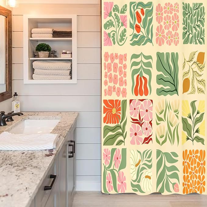 JAWO Retro Shower Curtain Vintage Abstract Boho Floral Shower Curtains for Bathroom Decor Pink Yellow Botanical Geometric Groovy Aesthetic Pattern Shower Curtain Sets with Hooks,36X72IN