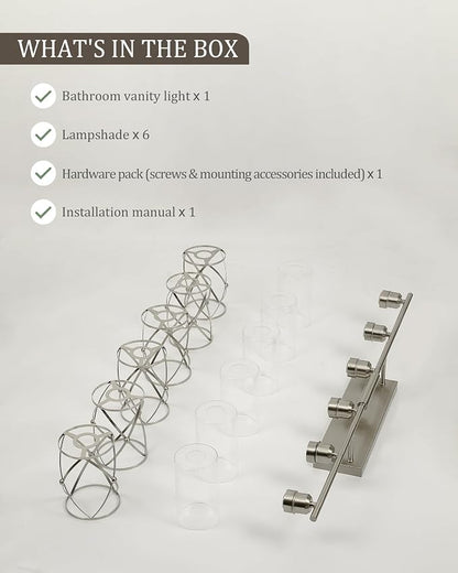 6-Light Brushed Nickel Bathroom Light Fixtures Over Mirror, 42" UL-Listed Modern Wall Sconce Lights with Clear Glass and Metal Cage for Bath, Hardwire E26, CH9176BN-6W