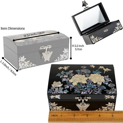 February Mountain Korean Mother of Pearl Jewelry Box – Red Floral Peony Design with Butterfly Clasp, Removable Velvet Tray – Christmas Gift for Women, Birthday, Anniversary, Keepsake Storage