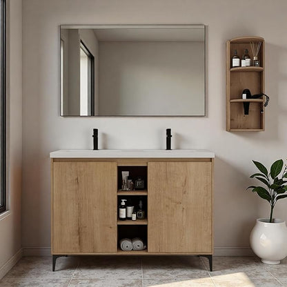 Freestanding Bathroom Vanity, 48" Bathroom Storage Cabinet with Double Resin Sinks, 2 Soft-Close Doors & 3 Open Storage Shelves, Floor Vanity with Extra Three-Layer Spacious Shelves, Oak