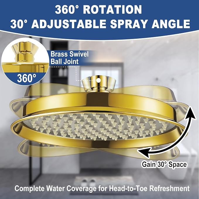 Bright Gold 9inch Rain Showerheads, High Pressure Rainfall Overhead Shower Head Replacement, Classic Vintage Stainless Steel Shower Heads with Silicone Nozzle