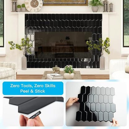 Art3d Hexagon Tile Peel and Stick Backsplash, 10-Pack, 12 x 12 Inch, Black | Superior Thickness, Reliable Adhesion, Warp Resistant, Minimalist Style, Easy to Install, for Kitchen Countertops, Bedroom