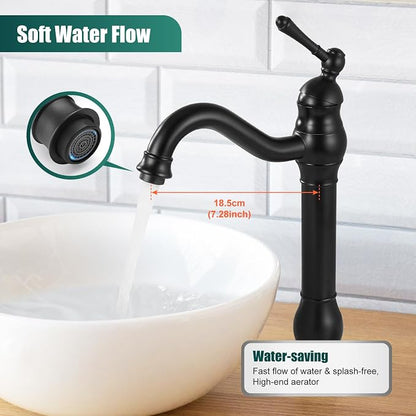 Heyalan Tall Vessel Sink Faucet, Single Handle 1-Hole,Matte Black | SUS304 stainless steel, 360° swivel spout, includes pop-up drain & hoses, deck mount 1-hole, tall design for vessel sink