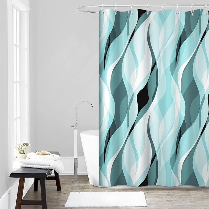 Teal Shower Curtain, Abstract Turquoise and Grey Striped Shower Curtain Set for Bathroom Waterproof Shower Curtain with Hooks, 60x72 Inch