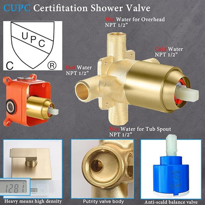Shower Faucet Set with Tub Spout Brushed Gold 10 Inch Rainfall Shower 4 Setting Spray Mixer Shower System Modern Luxury Wall Mounted Tub Shower Faucet Set Rough-in Valve Body (Brushed Gold)