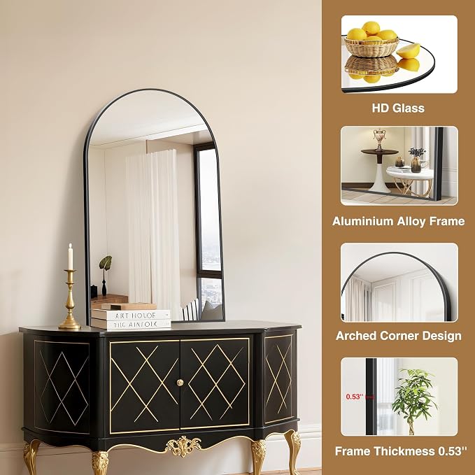 COFENY Arched Mirror, 24’’x40’’ Black Arch Mirror for Bathroom, Arched Bathroom Mirror with Frame, Modern Wall Mounted Mirror for Over Sink Mantle Bedroom Vanity Living Room Entryway