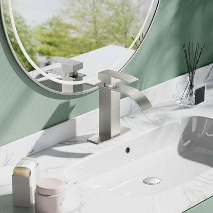 Hoimpro Brushed Nickel Waterfall Bathroom Faucet with cUPC Supply Lines, Single Hole Single Handle Bathroom Sink Faucet with Pop up Drain, Vanity Faucet with Deck Plate, Brushed Nickel(1 or 3 Hole)
