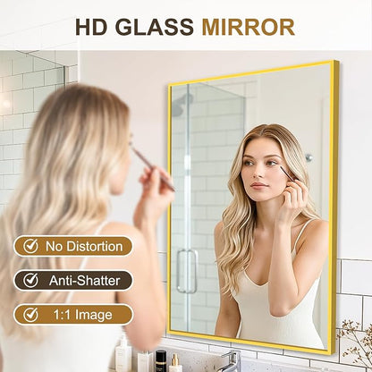 Rectangular Bathroom Mirror, 30"x20" Gold Metal Framed Vanity Mirror | HD Shatterproof Wall Mirror, Horizontal or Vertical Hanging, Easy Installation for Bathroom, Bedroom, Living Room, Entryway