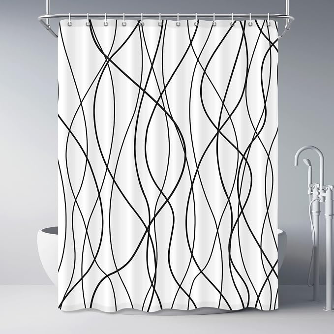 Striped Shower Curtain for Bathroom, White Black, 72" W x 84" L | with Hooks, Modern Hotel Style, Water Repellent, Washable, Weighted Hem