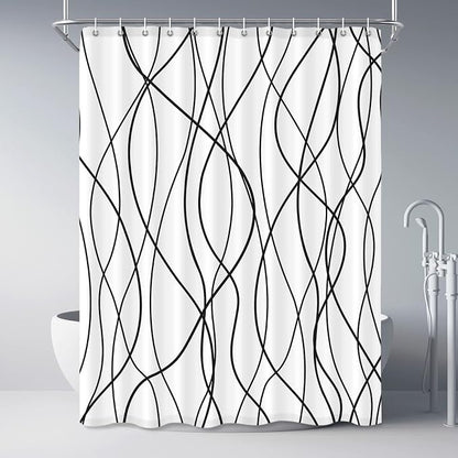 Striped Shower Curtain for Bathroom, White Black, 72" W x 84" L | with Hooks, Modern Hotel Style, Water Repellent, Washable, Weighted Hem