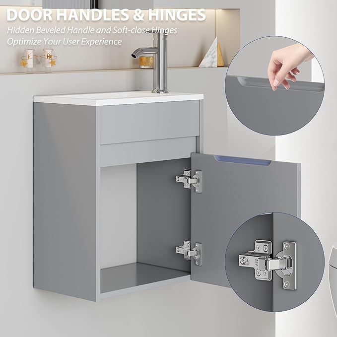 eclife 16" Small Bathroom Vanity Sink Combo, Modern Painted Wall Mounted Floating Cabinet W/Resin Basin Sink Top, Chrome Water Save Faucet & Pop Up Drain (B10G)