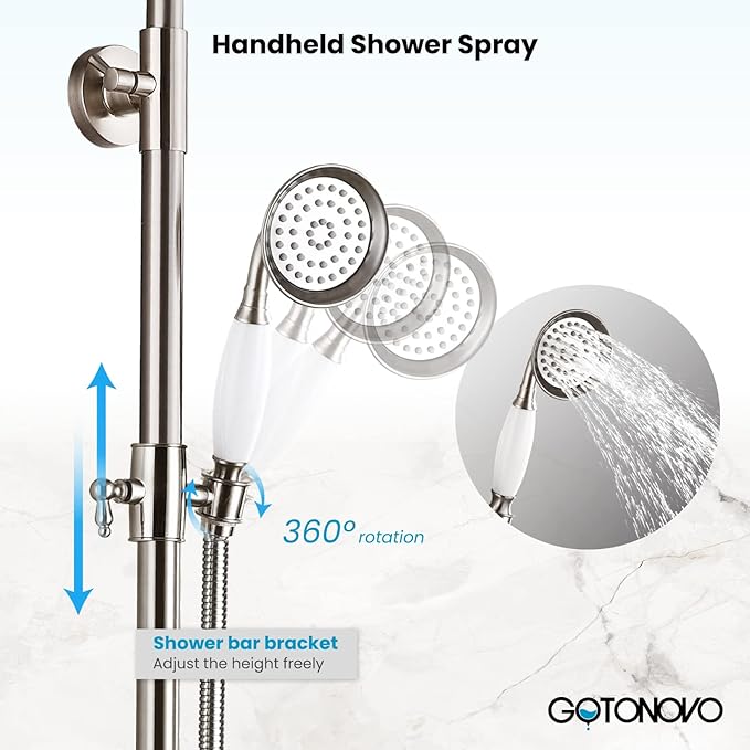 gotonovo Bathroom Exposed Shower Faucet Outdoor Shower System 8 Inch Rainfall Shower Head Set with Tub Spout and Handheld Spray Double Cross Handles Wall Mount with Shower Shelf Brushed Nickel