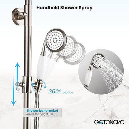 gotonovo Bathroom Exposed Shower Faucet Outdoor Shower System 8 Inch Rainfall Shower Head Set with Tub Spout and Handheld Spray Double Cross Handles Wall Mount with Shower Shelf Brushed Nickel