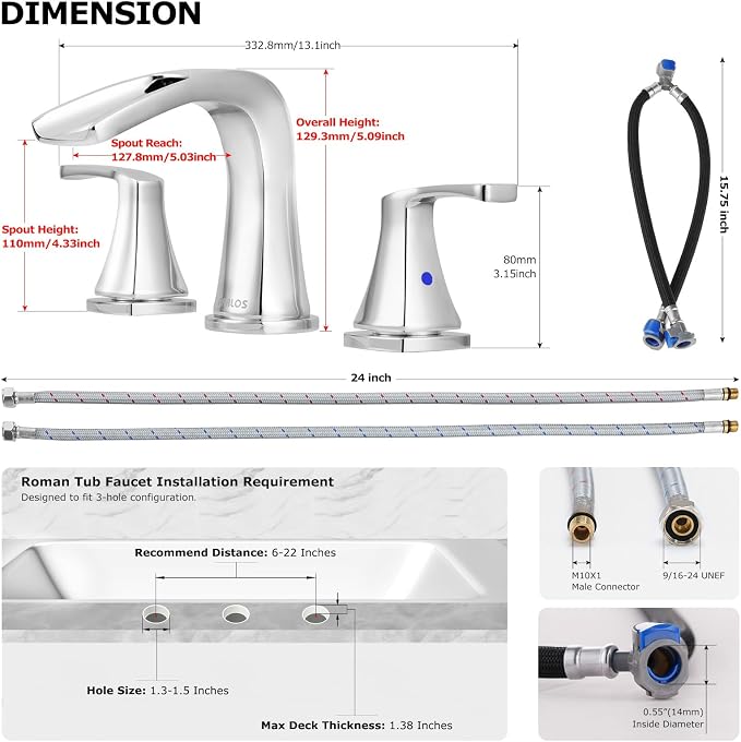 Waterfall 2 Handle Widespread Roman Tub Faucet Chrome | 3 Hole Deck Mount Bathtub Filler with Valve & Supply Lines