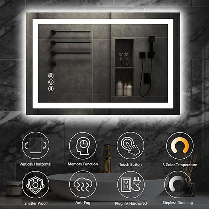 28"x 36" LED Bathroom Mirror with Lights, Backlit & Front Lit, Stepless Dimmable, Anti-Fog, 3 Colors Led Mirror, Memory Function, Led Vanity Mirror for Wall, Tempered Glass, ETL Listed