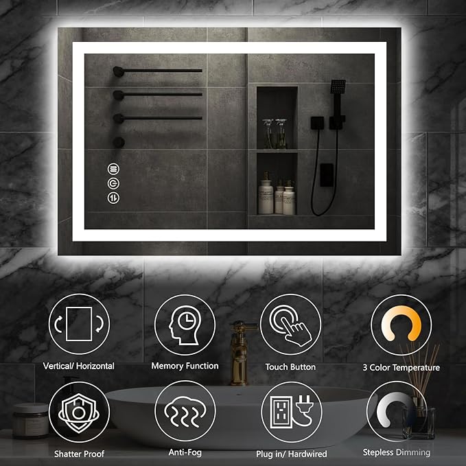 40"x 32" LED Bathroom Mirror with Lights, Anti-Fog, Backlit & Front Lit, Stepless Dimmable, 3 Colors, Memory Function, Vanity Mirror for Wall, Shatterproof Tempered Glass,Horizontal/Vertical
