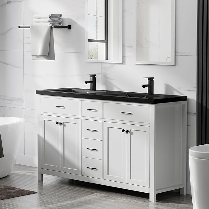 LUCKWIND 60" Bathroom Vanity and Black Sink Combo, Painted Modern Bathroom Storage Cabinet with Double Large Black Sink, Four Doors and Three Drawers, Include Faucet, Without Mirror, White