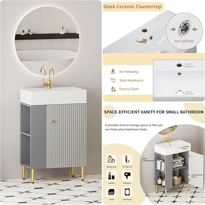 21.6" Freestanding Bathroom Vanity with Ceramic Sink, Matte Gray | Ceramic Sink, Wave-Pattern Door & Two-Layer Left Open Compartment, Bathroom Storage Cabinet, Easy Installation