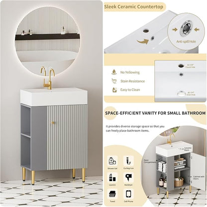 21.6" Freestanding Bathroom Vanity with Ceramic Sink, Matte Gray | Ceramic Sink, Wave-Pattern Door & Two-Layer Left Open Compartment, Bathroom Storage Cabinet, Easy Installation
