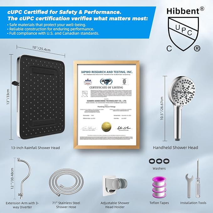 13'' 5-spray Rain Shower Head with 10-Spray Handheld, Chrome | cUPC Certified High Pressure Dual Showerhead Combo, Upgraded Rainfall Shower Head, 12'' Extension Arm, 71'' Hose & Holder