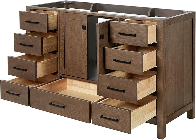 ARIEL Cambridge 54-inch Bathroom Vanity Base Cabinet,Solid Wood, 2 Soft Closing Doors, 9 Dovetail Drawers, Brown Oak