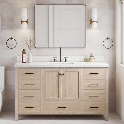 ARIEL Cambridge 60-inch Bathroom Vanity Base Cabinet,Solid Wood, 2 Soft Closing Doors, 9 Dovetail Drawers, White Oak