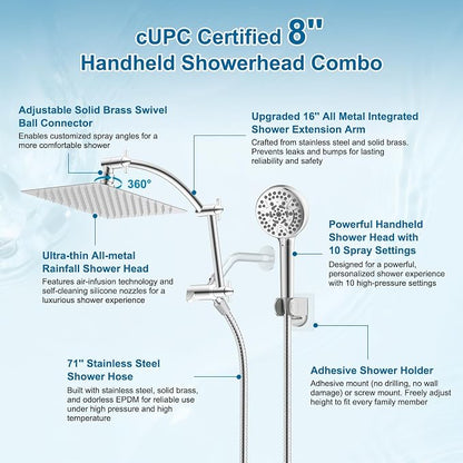 Hibbent All Metal 8" High Pressure Rain Shower Head Combo, Chrome | cUPC Certified Rainfall Shower Head with handheld 10 Sprays, 16'' Adjustable Extension Arm, 71'' Hose, Showerhead Holder
