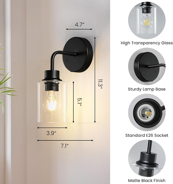 Epinl Battery Operated Black Wall Sconce Set of 2, Wireless Rechargeable Wall Lights with Remote Control, Modern Dimmable Wall Mount Lamps for Bedroom Living Room Bathroom, 3000K