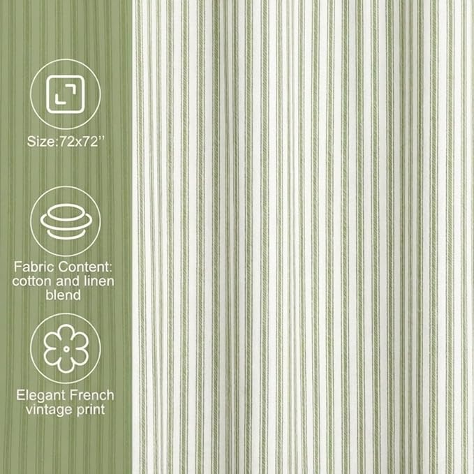 Stripe Cotton Toile Shower Curtain Ticking Stripe Woven Print Curtain Bathroom Decor for Traditional and Contemporary Style Kitchen Bath Home(Green and White,72 x 72 Inches)