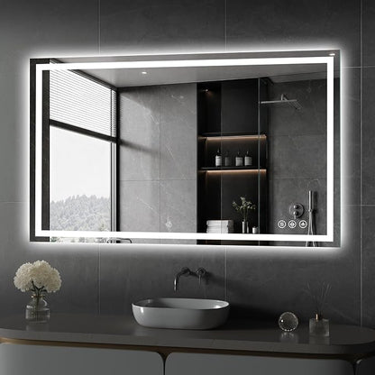 Koonmi 48x28 LED Bathroom Mirror with Light, Anti-Fog, 3 Colors | Backlit + Front Lit, Dimmable Brightness, Shatterproof HD Distortion-Free Tempered Glass, Hardware Included
