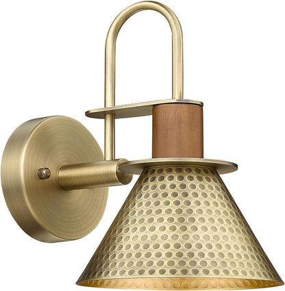 Barn Sconce Wall Lighting, HWH Gold Wall Sconces Indoor Wall Lights, 1-Light Vanity Wall Lamp for Bathroom Bedroom Bedside Kitchen, Hammered Metal Shade, Antique Brass Finish, 5HZG74B BG