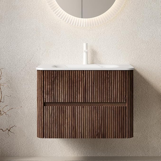 30" Floating Bathroom Vanity with Sink, Wall Mounted Modern Bathroom Cabinet with 2 Soft Close Drawers, Oak & Plywood, Pre-Assembled with Carrara White Basin – Bruges, Retro Walnut/S