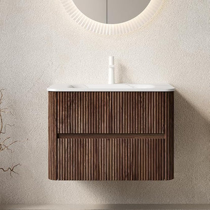 30" Floating Bathroom Vanity with Sink, Wall Mounted Modern Bathroom Cabinet with 2 Soft Close Drawers, Oak & Plywood, Pre-Assembled with Carrara White Basin – Bruges, Retro Walnut/S