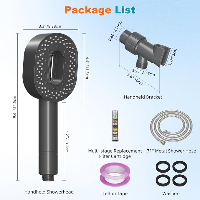 Hibbent Filtered Showerhead with handheld, High Pressure 5 Sprays Shower | Gray Shower Head, Brass Holder & 71" Metal Hose, Water Softener for Hard Water-Remove Chlorine, Reduces Dry Itchy Skin