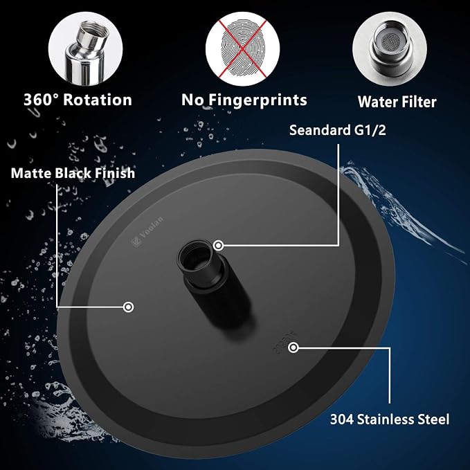 Voolan High Pressure Rain Shower Head - Rainfall Shower head Made of All Metal Stainless Steel - Comfortable Shower Experience Even at Low Water Flow (8 Inch, Black)