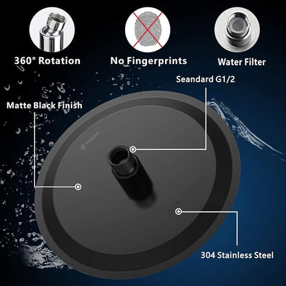 Voolan High Pressure Rain Shower Head - Rainfall Shower head Made of All Metal Stainless Steel - Comfortable Shower Experience Even at Low Water Flow (8 Inch, Black)