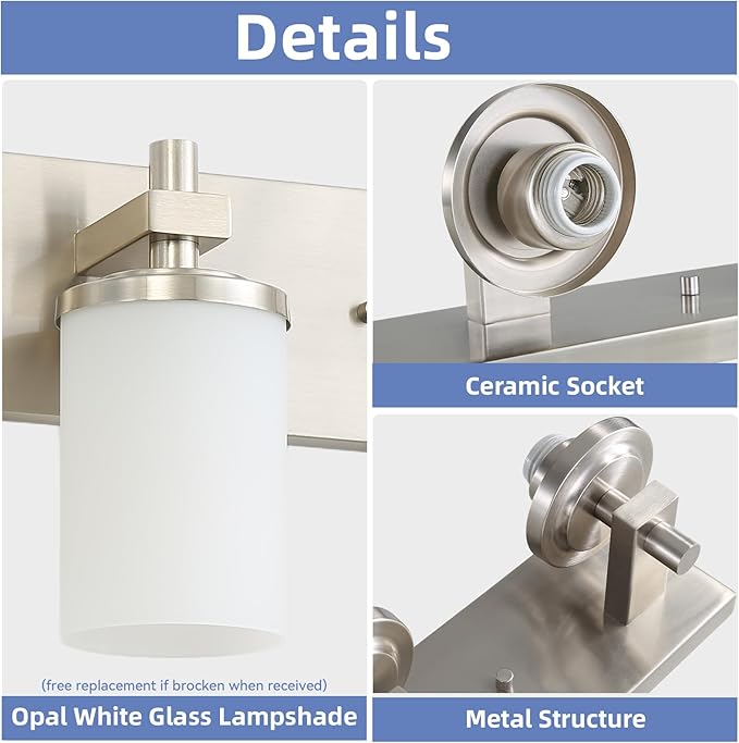 LOUSACE Bathroom Lighting Fixtures Over Mirror Brushed Nickel 3 Light Bathroom Vanity Lights with Opal White Glass Shades, Modern Vanity Wall Sconces Fixture for Bedroom Living Room