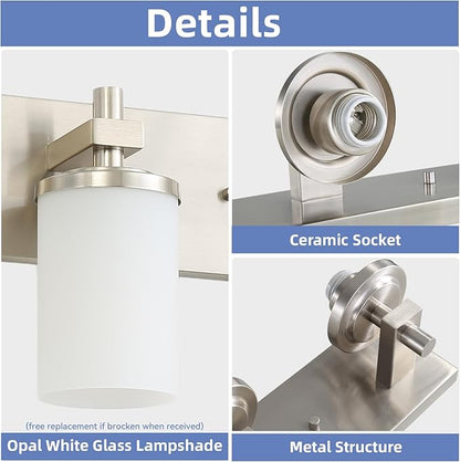 LOUSACE Bathroom Lighting Fixtures Over Mirror Brushed Nickel 3 Light Bathroom Vanity Lights with Opal White Glass Shades, Modern Vanity Wall Sconces Fixture for Bedroom Living Room