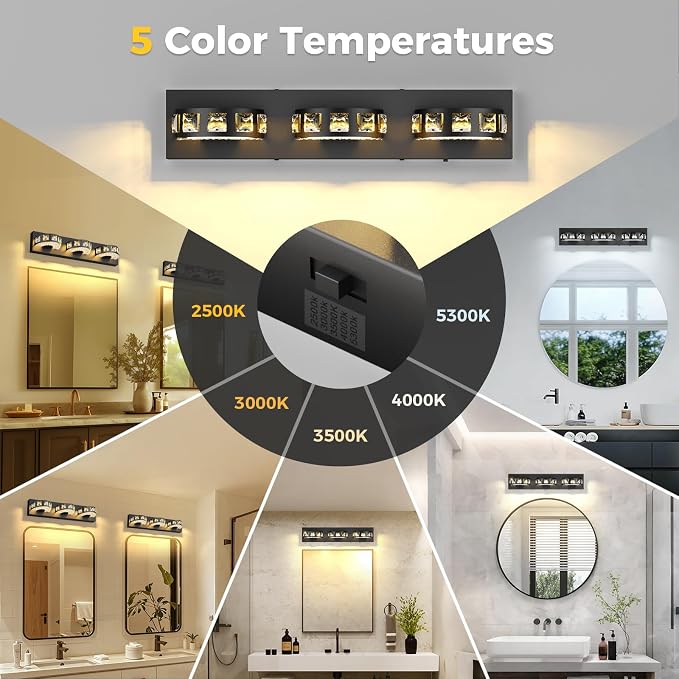 Modern Bathroom Vanity Lights 21.6inch 24W 5 Color Temperature Black Vanity Light (3-Light,Dimmable) Crystal Bathroom Light Fixtures for Bathroom Mirror Restroom