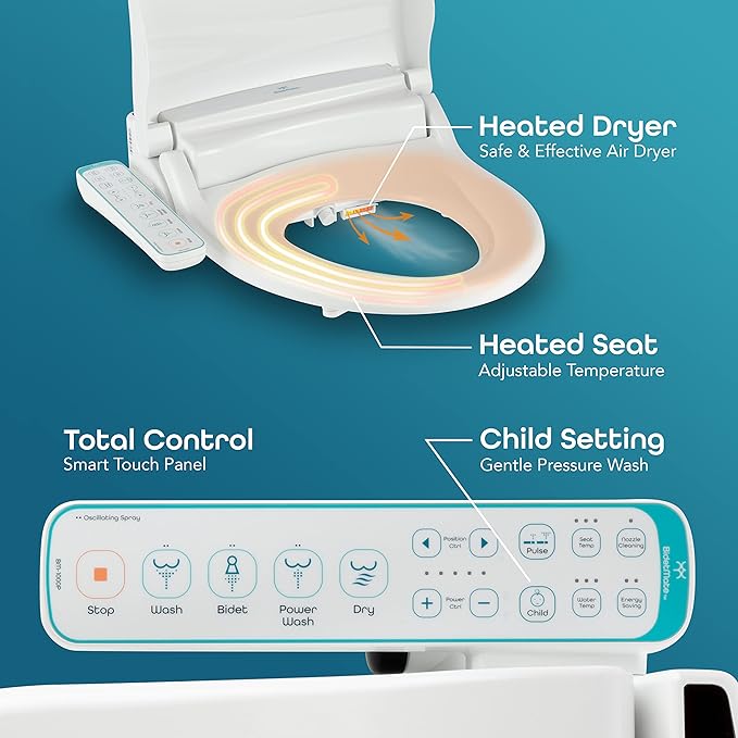 BidetMate 1000 Series Electric Bidet with Dryer, Heated Smart Toilet Seat with Heated Water, & Side Control Panel - Adjustable and Self-Cleaning Smart Home Device - Elongated